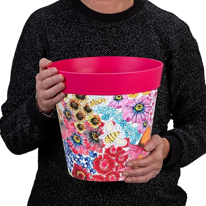Hum Flowerpots, 10 inch Set of 3, Various Patterns Colors and Sizes, Indoor/Outdoor Plastic Plant Pots (Multi Floral)