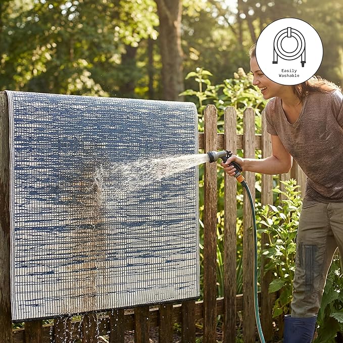 Fab Habitat Abstract Distressed Stripes Outdoor Rug - Waterproof, Fade Resistant, Crease-Free, Reversible - Premium Recycled Plastic - Patio Porch Balcony Deck - Brooklyn Blue - 8x10 ft
