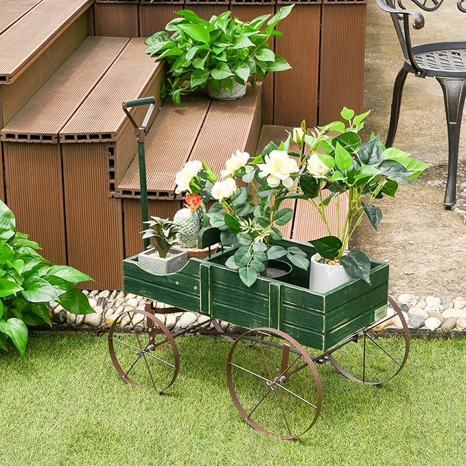 Wooden Wagon Planter, Decorative Garden Wheelbarrow Planter with 2 Planting Sections, Rolling Wheels, Adjustable Handle, Small Wagon Cart Planter Stand for Flowers Vegetables Herbs (Green)