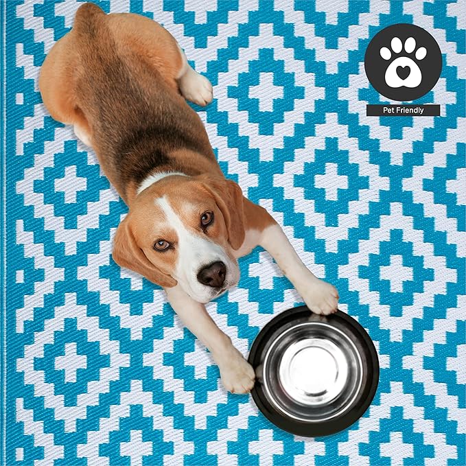 FH Home Outdoor Rug - Waterproof, Fade Resistant, Reversible - Premium Recycled Plastic - Geometric - Porch, Deck, Balcony, Mudroom, Laundry Room, Patio - Aztec - Teal & White Crease Free - 3 x 5 ft