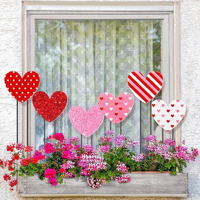 Pickmesh 6 Pcs 12" H Valentine's Day Metal Yard Sign Heart Valentine Metal Yard Stakes Barn Garden Stake for Planter Pot Walkway Pathway Outdoor Decor Lawn Decoration