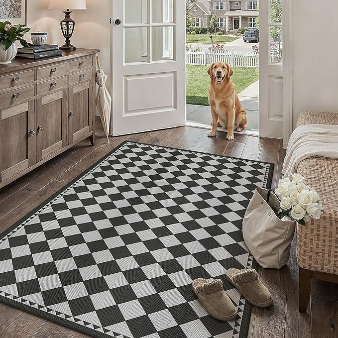 HUGEAR 3x5 Outdoor Rug Black/Grey Linen-Look Fabric Checkered Area Rug High Traffic Stain Resistant Easy Clean Durable Rugs for Indoor/Outdoor Patio Deck Balcony Porch Garden Courtyard
