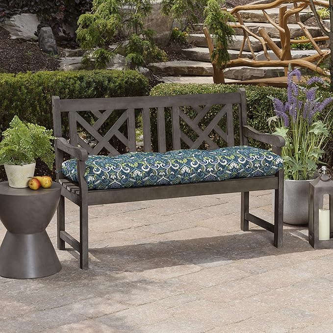 Arden Selections Outdoor Plush Modern Tufted Bench Cushion, 48 x 18, Water Repellent, Fade Resistant, Tufted Bench Cushion for Bench and Swing 48 x 18, Sapphire Aurora Blue Damask