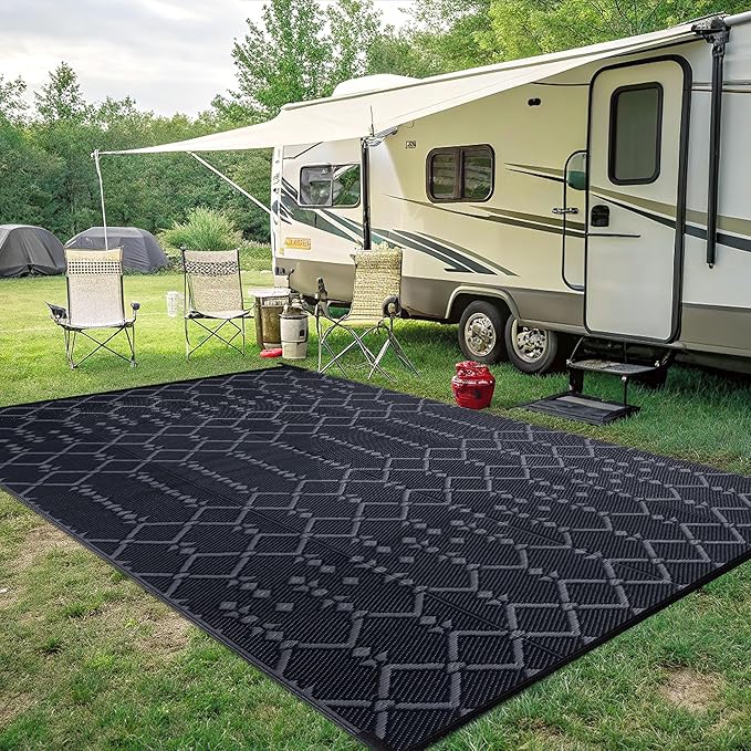 Smiry Outdoor Rug 8x10 ft, Waterproof Reversible Plastic Straw Rugs, Boho Outdoor Area Rug, Outside Floor Mat for Patio, Backyard, Deck, Picnic, Beach, Camping, Dark Grey