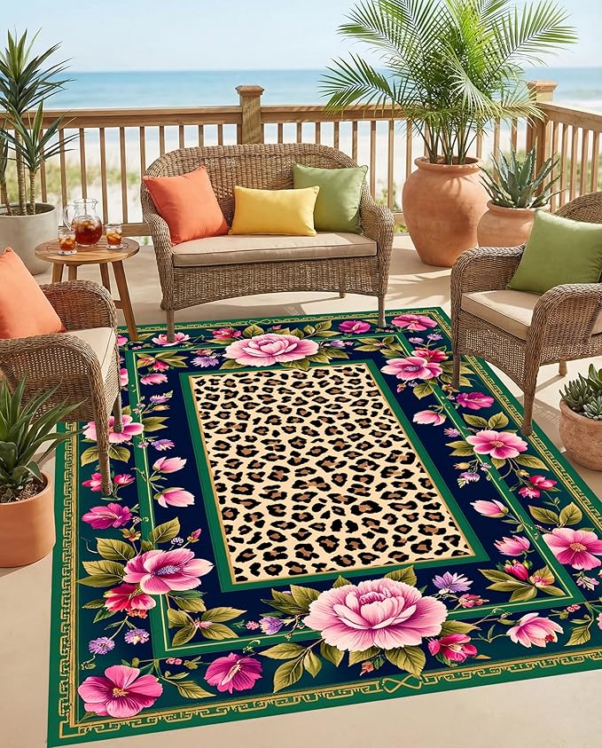 Vintage Floral Leopard Indoor Outdoor Rug 7x12 Gold Pink Green Non-Shedding Border Soft Living Room Bedroom Accent Rugs Waterproof Washable Outside Carpet for Patio Balcony Porch Deck Garden