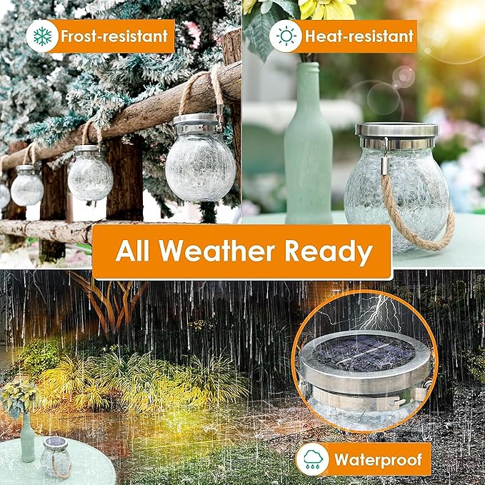 Cooo 2 Pack Valentines Day Gifts for Him Her Solar Lanterns Waterproof Outdoor Heavy Crackle Glass 30 LED Warm Firefly Lights Solar for Women Mom Grandma Outdoor Table Lamps Garden Yard Decor