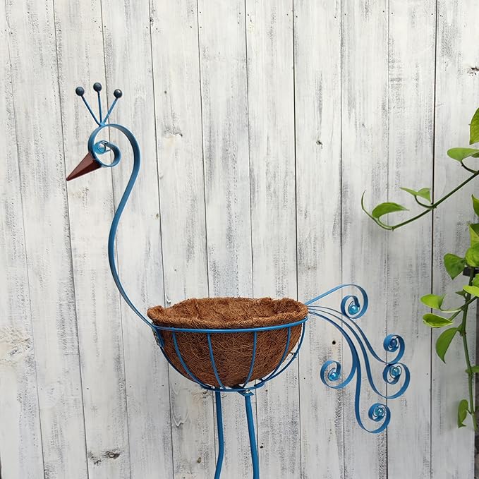 Blue Peacock Planters,Metal Peacock Plant Pots Decorations with Fiber Basket,Outdoor Indoor Standing Bird Planters Lawn Garden Décor Art for Lawn,Yard,Patio,Balcony Ornament（Set of 2）