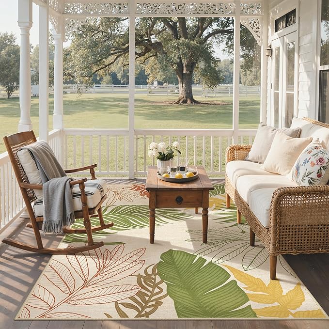 GENIMO Outdoor & Indoor Area Rug 6'x9', Waterproof, Non-Shedding, Easy Cleaning, Leaf Mat for Patio, Living Room, Balcony, Dining Room, RV, Deck, Bedroom, Camping, Outside Carpet, Olive Mustard