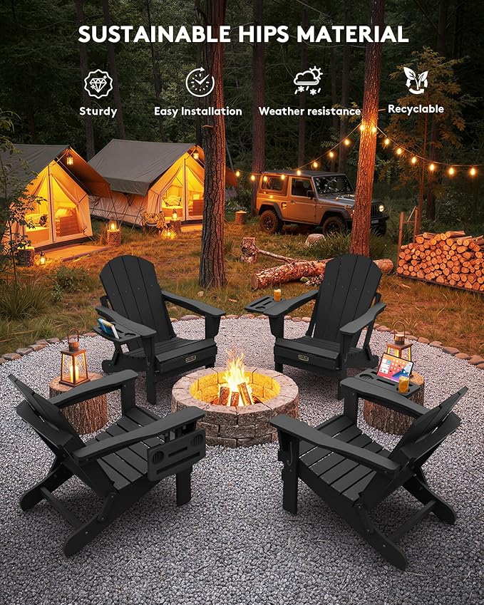 SERWALL Folding Adirondack Chair Set of 4, Outdoor Adirondack Chairs with 4 in 1 Cup Holder, Wood Texture Patio Chairs, Weather Resistant Fire Pit Chairs for Patio Deck Garden, Backyard Deck - Black