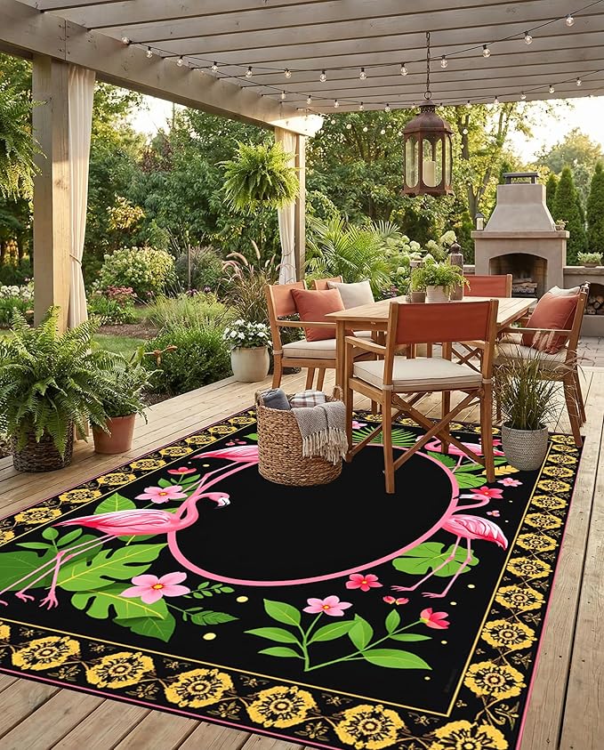 8x10 Black Gold Pink Green Luxury Tropical Floral Outdoor Patio Rug with Flamingo Flower Monstera Print 3D Border Washable Waterproof Outside Carpet for Deck Balcony Porch Garden Pool RV Camping