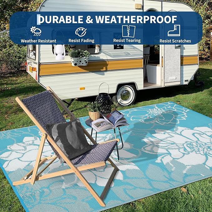 COZYLOOM Outdoor Plastic Straw Rug 9x12 UV Resistant Waterproof Patio Rug, Reversible RV Camping Mat with Portable Bag & 4 Stakes, Modern Floral Outdoor Carpet for Balcony Deck Yard, Light Blue