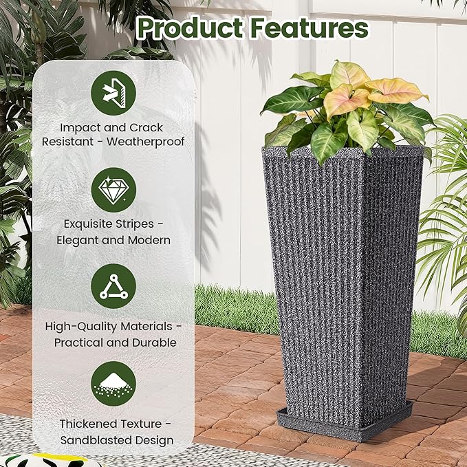 Tapered Tall Planters for Outdoor Plants 2 Pack- 23.6 Inch Heavy-Duty Classic Square Indoor Flower Pots with Drainage Holes/Partition/Tray, Large Outdoor Planters for Porch Patio, Gray