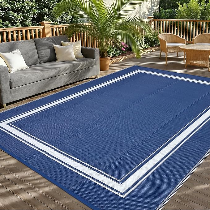 Outdoor Rugs 8x10 for Patio Waterproof Floor Mats Modern Bordered Plastic Straw Large Area Rugs Lightweight Reversible Mat Carpet for RV Backyard Balcony Porch Blue/White