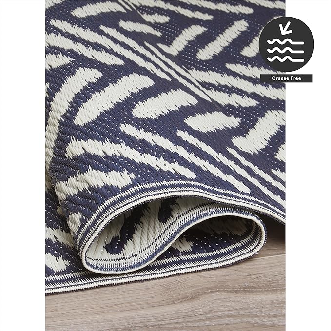 FH Home Outdoor Rug - Waterproof, Fade Resistant, Reversible - Premium Recycled Plastic - Herringbone - Patio, Porch, Deck, Balcony - Fresno - Navy Crease Free - 5 x 8 ft
