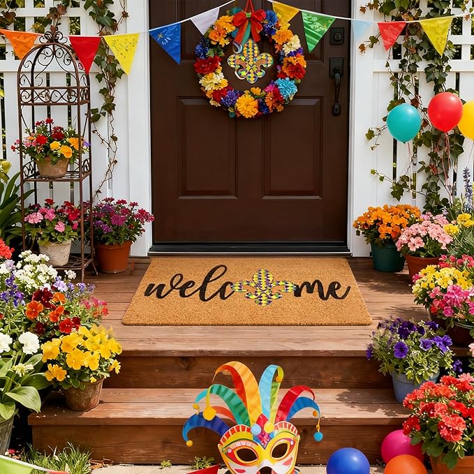 Mardi Gras Welcome Door Mat Outside Entrance, Faux-Coir Thin Doormat, Holiday Outdoor Decoration Outdoor Porch-Rug 17"X30" Non-Slip Dirt-Trapping for Home Garden Farm Spring Decor
