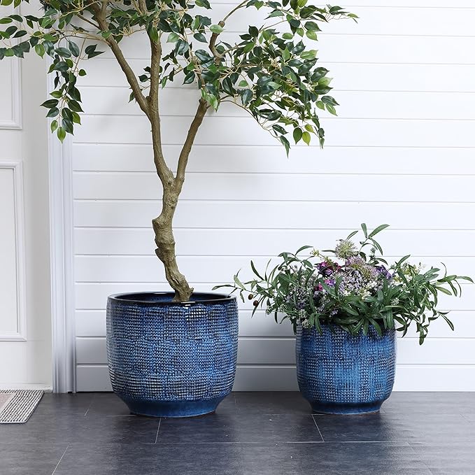 LuxenHome 15.75" Dia Large Ceramic Pots for Plants, Teal Blue Glazed Planters for Outdoor Plants, Round Indoor Flower Pots with Drainage Hole and Rubber Plug for Home Garden Patio