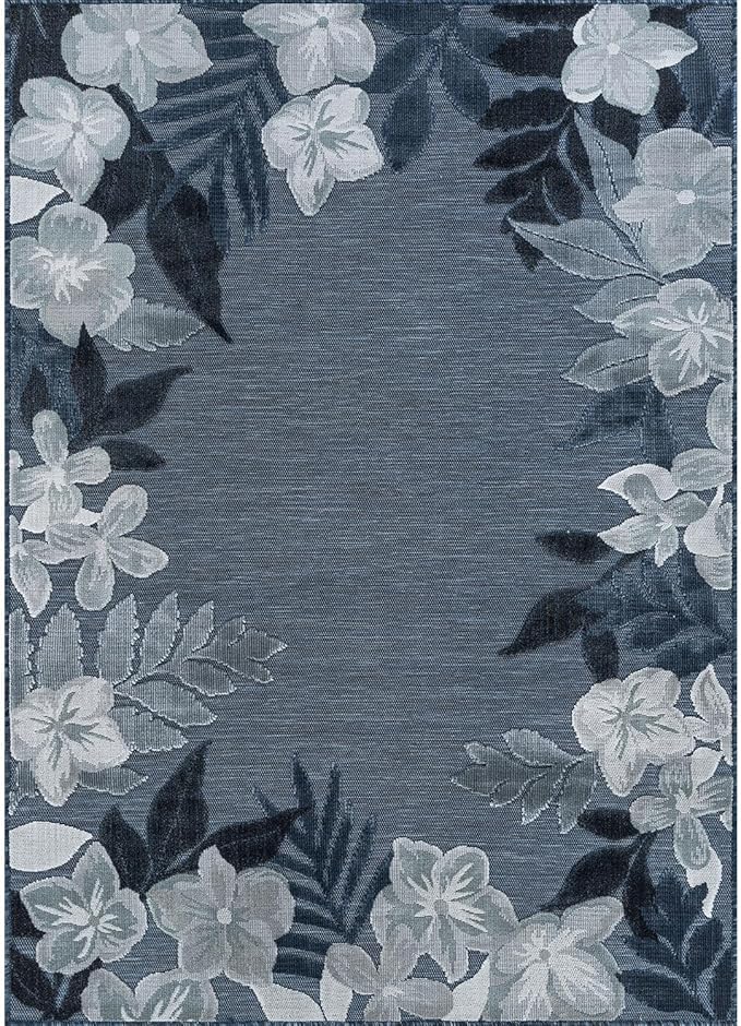 Outdoor Rug 10x14 Washable Area Rugs Indoor Outdoor Carpets Navy Border Floral Non Shedding Waterproof Easy Clean Patio Deck Porch Living Room Bedroom Garden RV (10 X 14 Navy)