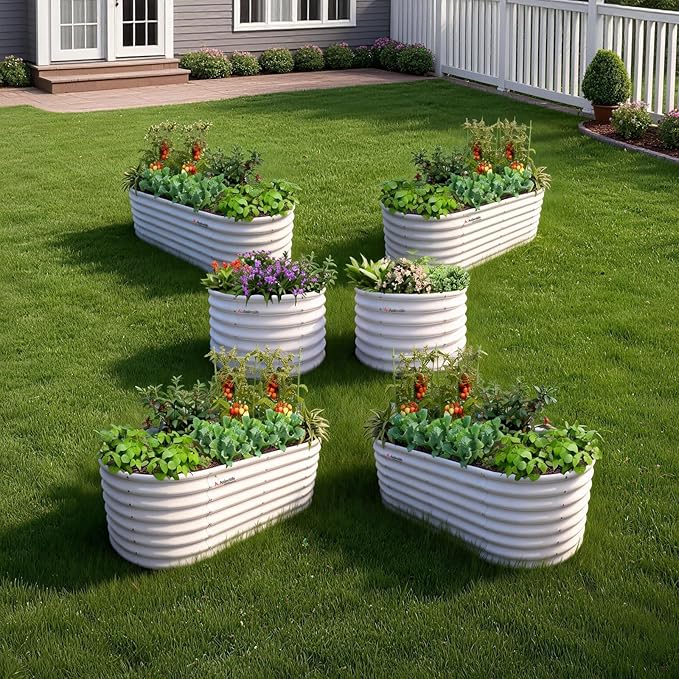 A ANLEOLIFE 6-Piece 24 Inch Tall Antique White Raised Garden Beds Kit, Oval & Round Metal Planters – Ideal for Backyard Vegetables Flowers Herbs