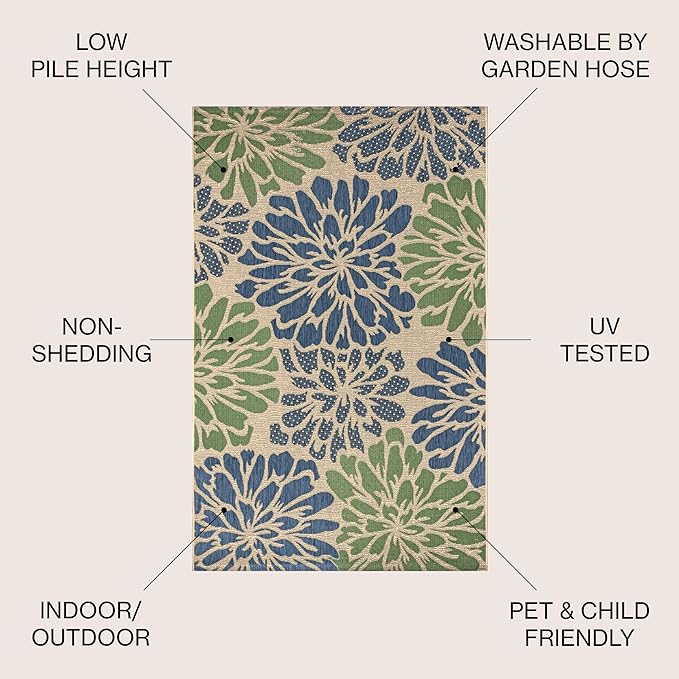 JONATHAN Y Floral Textured Weave Indoor Outdoor Area Rug 4X6 Navy/Green, Zinnia Modern for Backyard, Patio, Porch, Easy-Cleaning, High Traffic, Pet-Friendly, Non-Shedding (SMB110B-4)