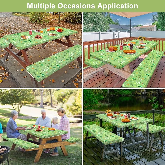 Picnic Table Cover with Bench Covers Camping Essentials Waterproof Windproof Camping Tablecloth with Drawstring Bag, Fitted Rectangle Tables and Seats, 72in, Grass Green