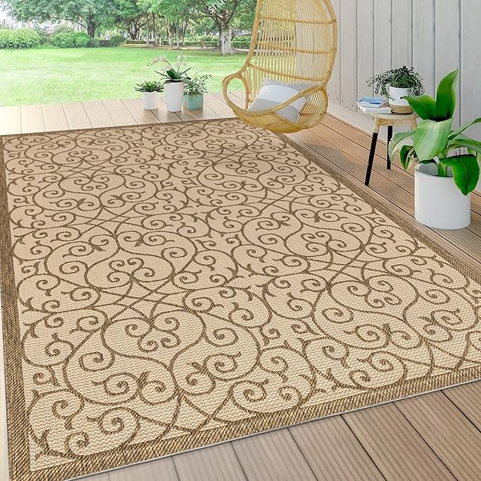 JONATHAN Y Vintage Filigree Indoor Outdoor Area Rug 9X12 Beige/Brown, Madrid Textured Weave for Backyard, Patio, Porch, Easy-Cleaning, High Traffic, Pet-Friendly, Non-Shedding (SMB107B-9)
