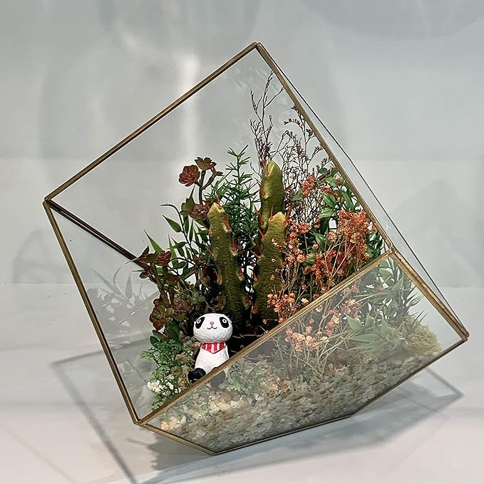 WGV Geometric Planter Terrarium, Width 8" Height 8.5" Clear Glass Gold Frame DIY Succulent air Plant Miniature Fairy Garden Windowsill Tabletop Decor, Tilted Cube 1 Piece
