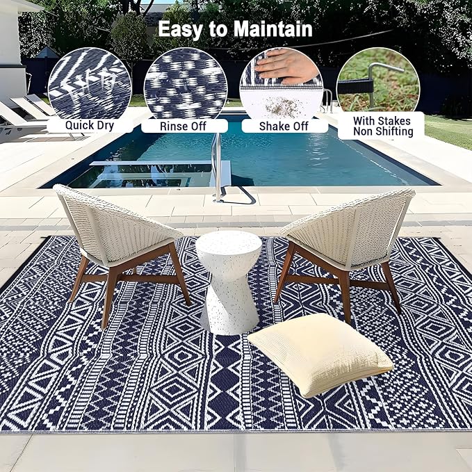 GarveeLife Outdoor Plastic Straw Rug 9x12 Waterproof UV Resistant Patio Rug Lightweight Floor Mat for Camping, Picnic, Backyard, RV, Beach, Picnic, Dark Blue & White