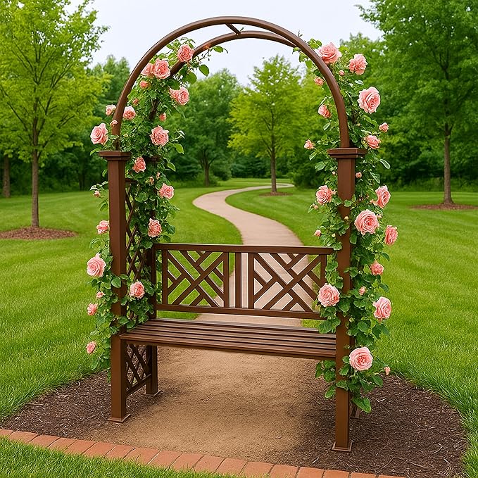 Oakland Living Brown Aluminum Garden Arbor Arch with 2-Seater Bench