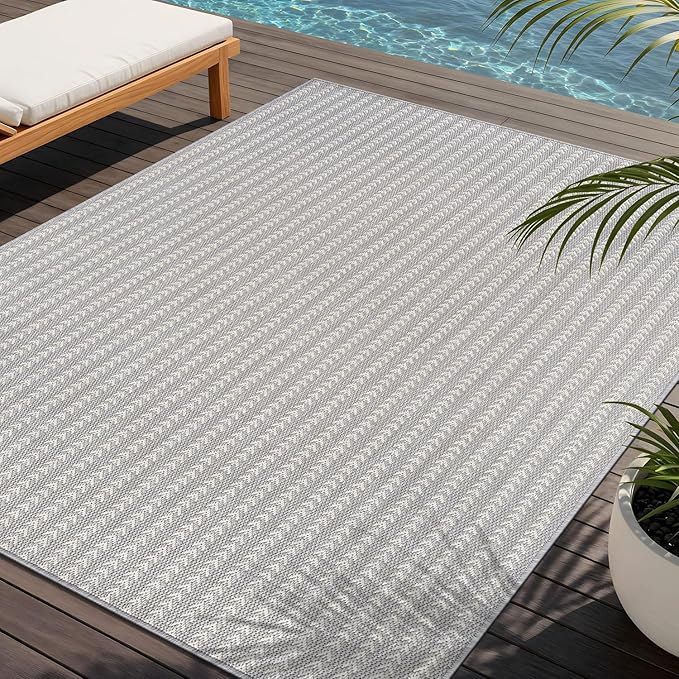 Washable Outdoor Rug 6x9 Modern Area Rugs Outdoor Carpets Striped Pattern Non Shedding Waterproof Easy Clean Patio Deck Porch Living Room Bedroom Garden RV (6 X 9 Gray)