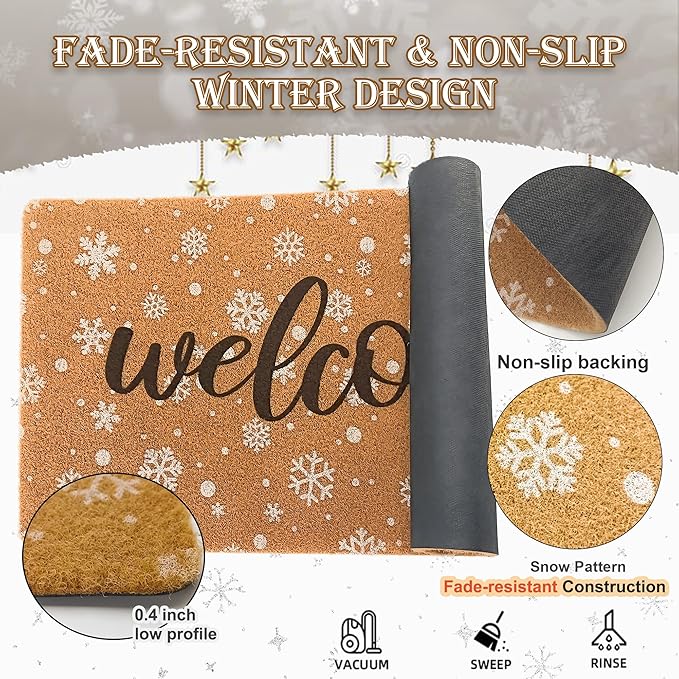 Winter Snowflake Welcome Mat Chirstmas Doormat Outside Entrance, Faux-Coir Seasonal Entryway-Rug Non-Slip Dirt-Trapping Thin Door Mat 17"x30" for Front Door, Indoor, Outdoor, Porch