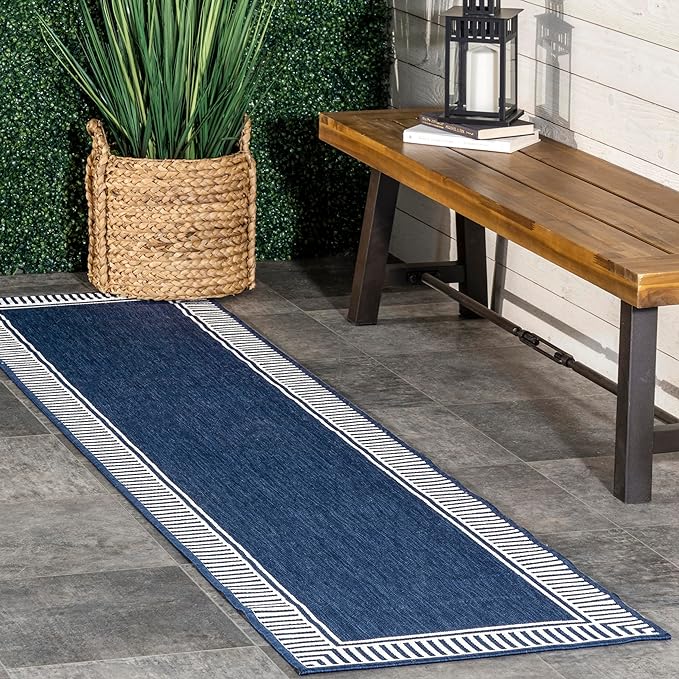 Nuloom Asha Navy/Ivory, 2' x 8', Casual, Striped Border, Soft and Cozy, High Traffic, Stain Resistant, Easy Clean, Durable Runner for Indoor/Outdoor Patio, Deck, Porch, Garden, Courtyard