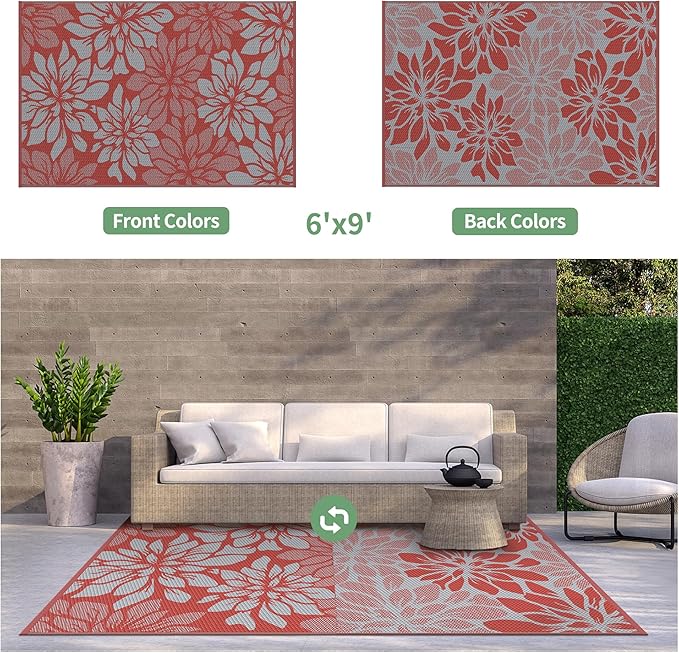 GENIMO Outdoor Rug Waterproof for Patio Decor, 6' x 9' Reversible Plastic Straw Floral Camping Carpet, Large Area Rugs Mats for RV, Camper, Deck, Balcony, Porch, Beach, Picnic, Red & Grey