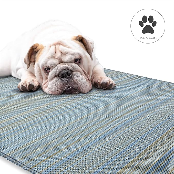 Fab Habitat Outdoor Rug - Waterproof, Fade Resistant, Crease-Free - Premium Recycled Plastic - Striped - Patio Porch Balcony Deck - Cancun - Shadow Blue - 8 x 10 ft