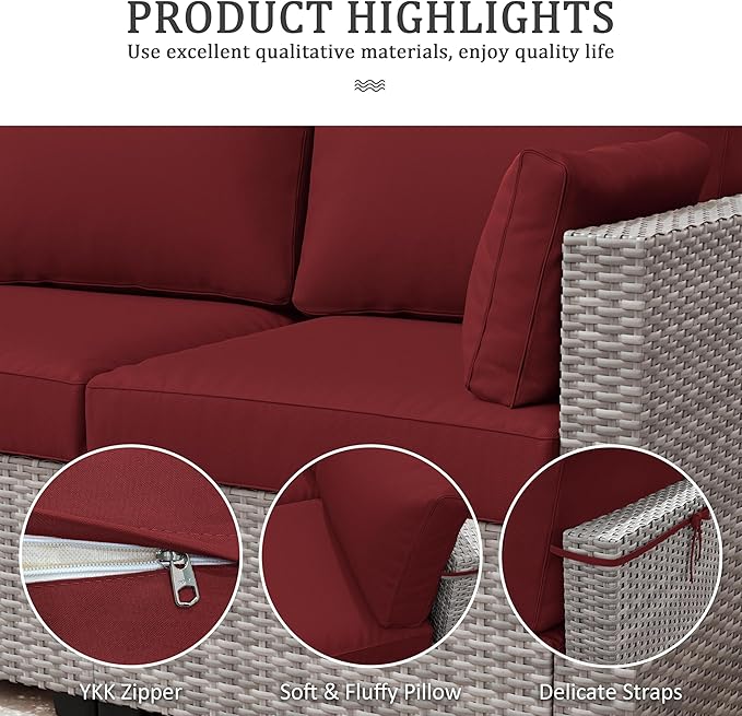 Outdoor Furniture Replacement Cushions, Waterproof Patio Furniture Cushions, 4" Deep Seat Outdoor Sectional Cushion for 3-Seat Outdoors Rattan Sofa Patio Sofa Cushion, Burgundy