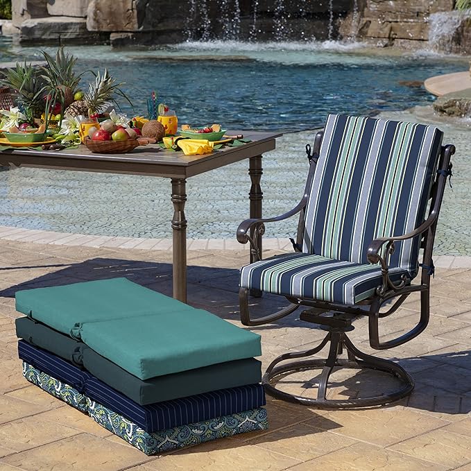 Arden 2-Pack Outdoor Patio Dining Chair Cushion, 20x44, Rain-Proof Seat Pad, Fade-Resistant Outdoor Cushion Sapphire Aurora Blue Stripe