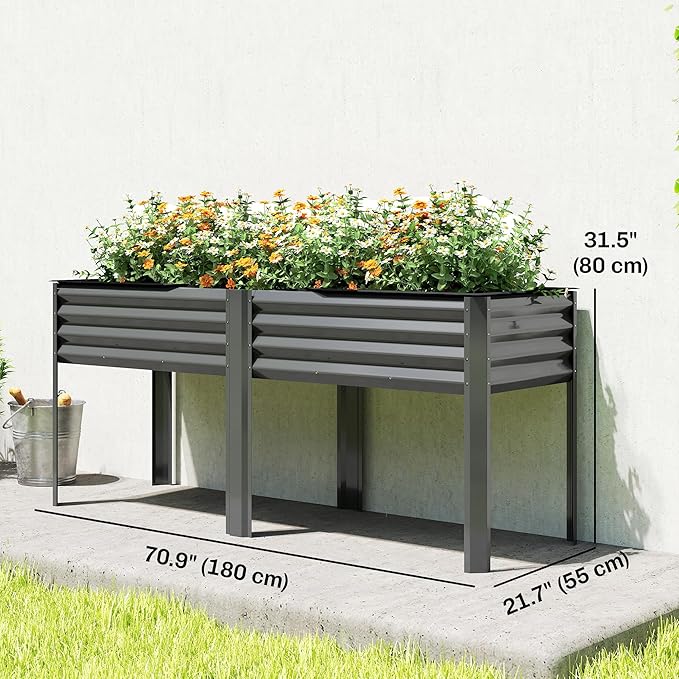 Outsunny Galvanized Raised Garden Bed with Legs, Extra Large Metal Raised Planter Box with Reinforced Bars and Non-Woven Fabric for Vegetables, Flowers, Herbs, 71" x 22" x 31.5", Dark Gray