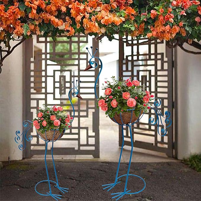 Blue Peacock Planters,Metal Peacock Plant Pots Decorations with Fiber Basket,Outdoor Indoor Standing Bird Planters Lawn Garden Décor Art for Lawn,Yard,Patio,Balcony Ornament（Set of 2）