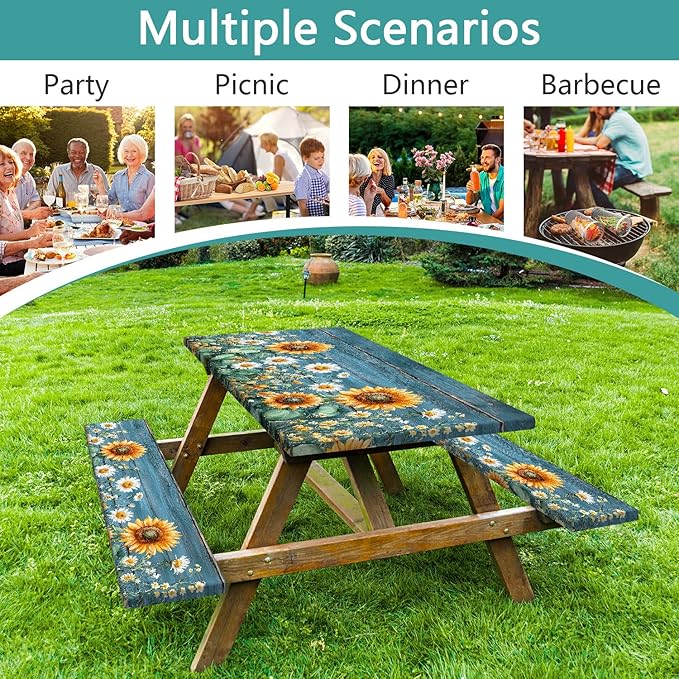 Picnic Table Cover with Bench Covers, Waterproof Elastic Fitted Tablecloths for 6 Foot Rectangle Tables, Outdoor Washable Sunflower Wooden Tablecloth for Camping 30X60in