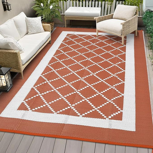 COZYLOOM Outdoor Rug Waterproof 10x20 Reversible Patio Rugs, Extra Large Modern RV Camping Carpet, Indoor Outdoor Plastic Straw Rug for Deck, Picnic, Beach, Garden, Terracotta
