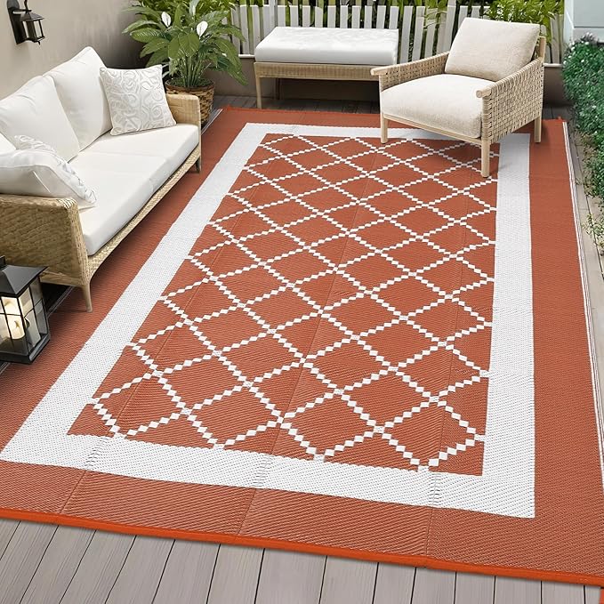 Waterproof Outdoor Rug 8x10 Reversible Plastic Straw Rug Modern Geometric Large Floor Carpet Lightweight Foldable Camping Mat for Outdoors RV Patio Backyard Picnic Orange/White