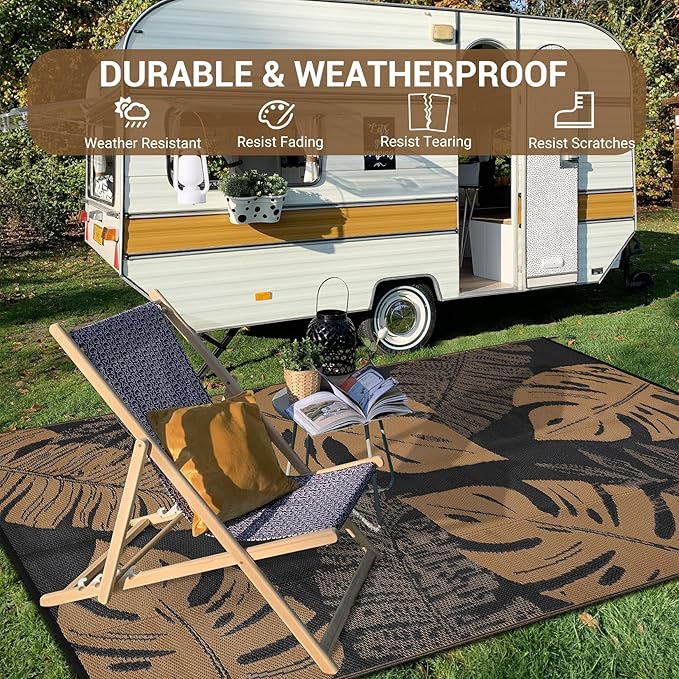 COZYLOOM Outdoor Rug 8x10 Patio Rugs Waterproof Plastic Straw Rug Reversible UV Resistant Camping Mat, Foldable Lightweight RV Picnic Mat with Portable Bag, Modern Outdoor Carpet for Yard, Brown