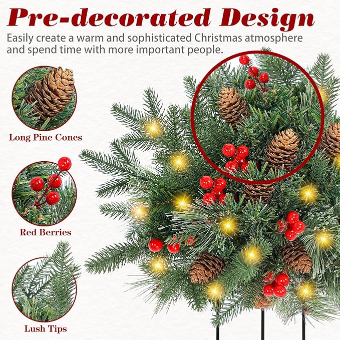 Lighted Artificial Christmas Urn Filler, 2 Pack Small Xmas Pine Tree Outdoor Decorations with Cones, Red Berries & 50 LED Lights, Light Up Planter Filler Decor for Porch Yard, Garden, Cemetery