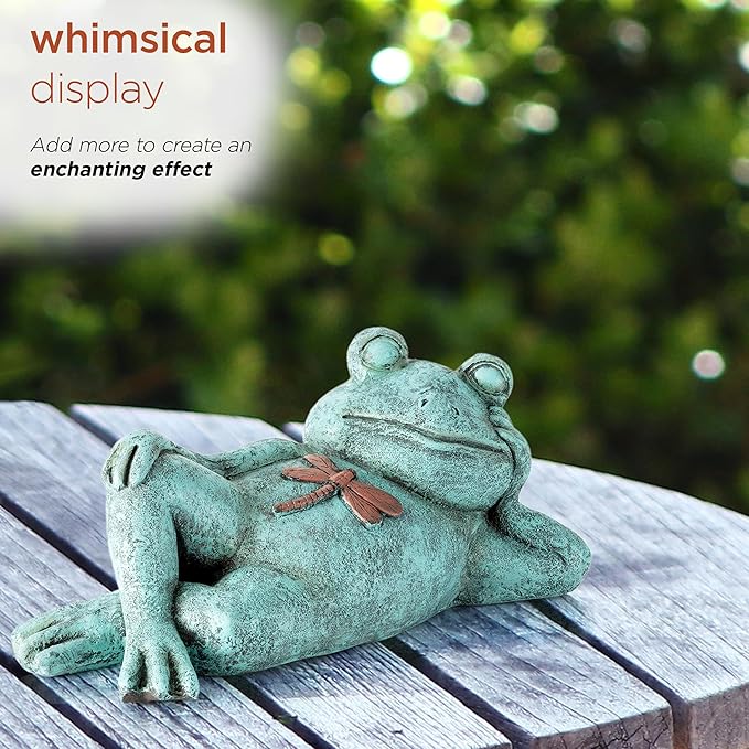 Alpine Corporation 7" Tall Indoor/Outdoor Sleeping Frog with Dragonfly Garden Statue Decoration