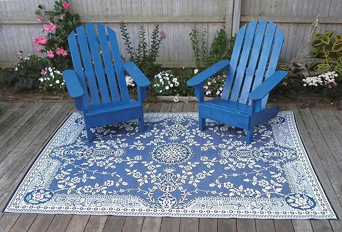 Mad Mats Traditional Outdoor Rug, Reversible Plastic Mat (6' x 9', Oriental Garland - Blue/White)
