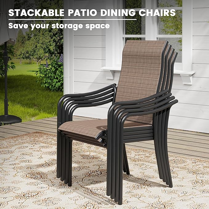 VICLLAX Patio Stackable Dining Chairs Set of 4, Outdoor Sling Chairs with Breathable Fabric and High Back for Balcony Porch Backyard, Brown