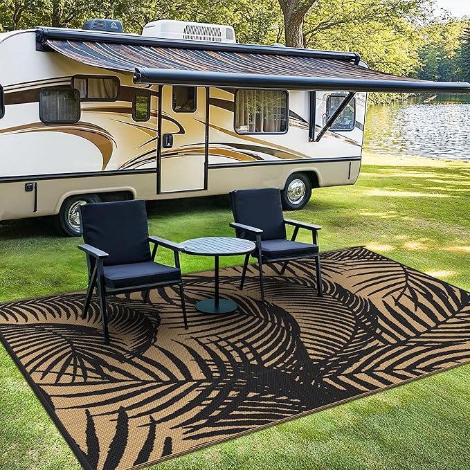 GENIMO Outdoor Rug 8' x 10' Waterproof for Patio Clearance, Reversible Plastic Straw Camping Carpet, Lightweight Mats for Rv, Backyard, Deck, Porch, Picnic, Beach, Balcony, Black & Brown