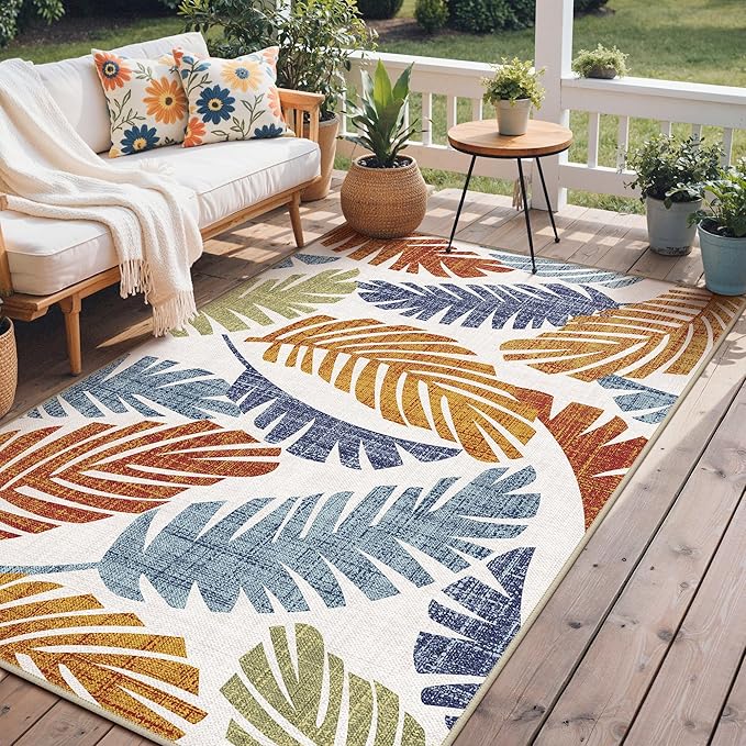 GENIMO Outdoor & Indoor Area Rug 4'x6', Waterproof, Non-Shedding, Easy Cleaning, Leaf Mat for Patio, Living Room, Balcony, Dining Room, RV, Deck, Bedroom, Camping, Outside Carpet, Rust Navy