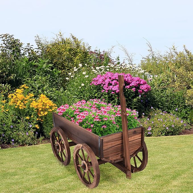 Tangkula Wooden Wagon Planter Box, Decorative Garden Planter w/Wheels, Handle, Drain Hole, Rustic Wooden Flower Cart for Indoor & Outdoor Decor for Patio, Garden, Balcony (29.5" L x 17" W x 21" H)