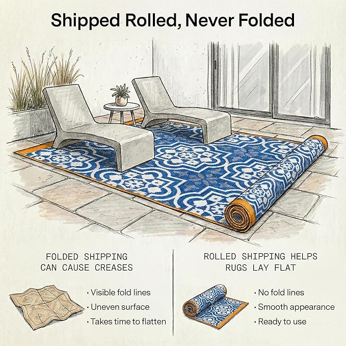 Fab Habitat Outdoor Rug - Waterproof, Fade Resistant, Crease-Free - Premium Recycled Plastic - Spanish Tile Farmhouse - Patio, Deck, Porch, Balcony, Laundry Room - Puebla - Blue - 4 x 6 ft