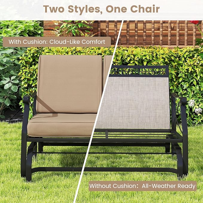 Tangkula Patio Glider Bench, 2-Person Swing Gliding Loveseat with Breathable Fabric Seat & Soft Cushions, 660 LBS Metal Frame Outdoor Rocking Chair for Porch, Poolside, Backyard